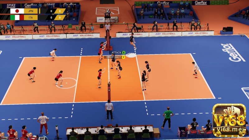 Giao diện thi đấu bóng chuyền trong Spike Volleyball với đồ họa mô phỏng thực tế và chiến thuật sâu.